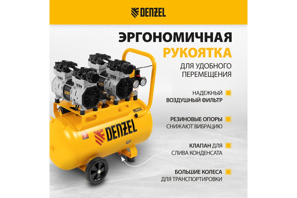 Безмаслянный малошумный компрессор Denzel DLS 1500/50, 1500 Вт, 2x750, 50 л, 260 л/мин 58027