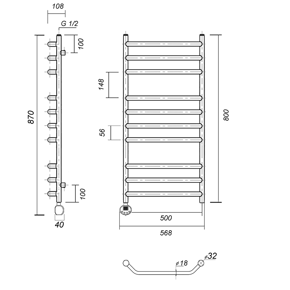 Полотенцесушитель электрический Domoterm Лаура П10 500x800 EL ТЭН слева, хром