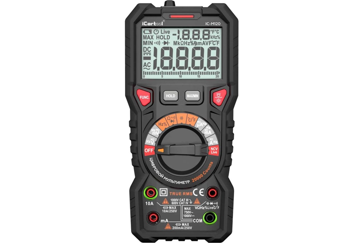 Профессиональный цифровой мультиметр iCartool CATIII 1000V, СATIV 600V, TrueRMS, AC/DC IC-M120