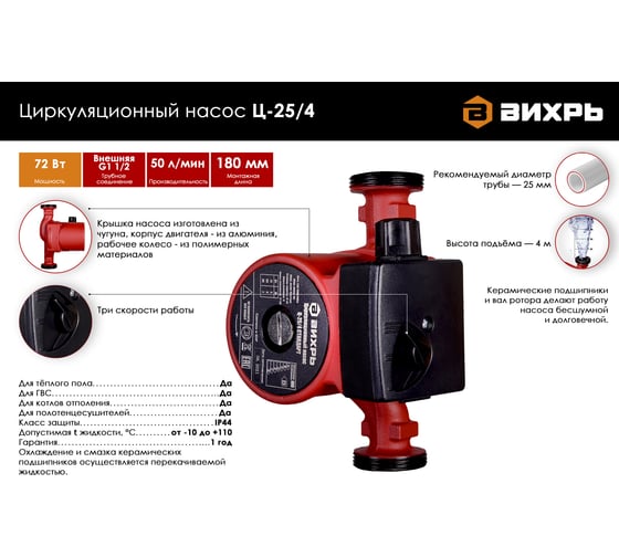 Циркуляционный насос Вихрь Ц-25/4 СТАНДАРТ 68/7/6