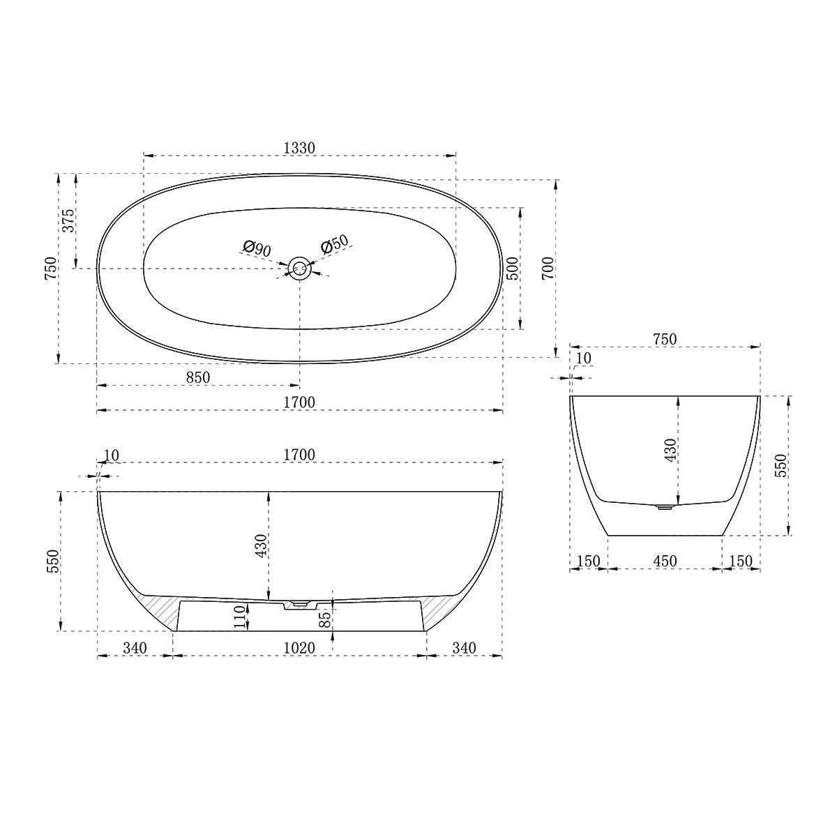 Ванна из смолы Vincea VBT-6T01BR 170x75 см янтарь