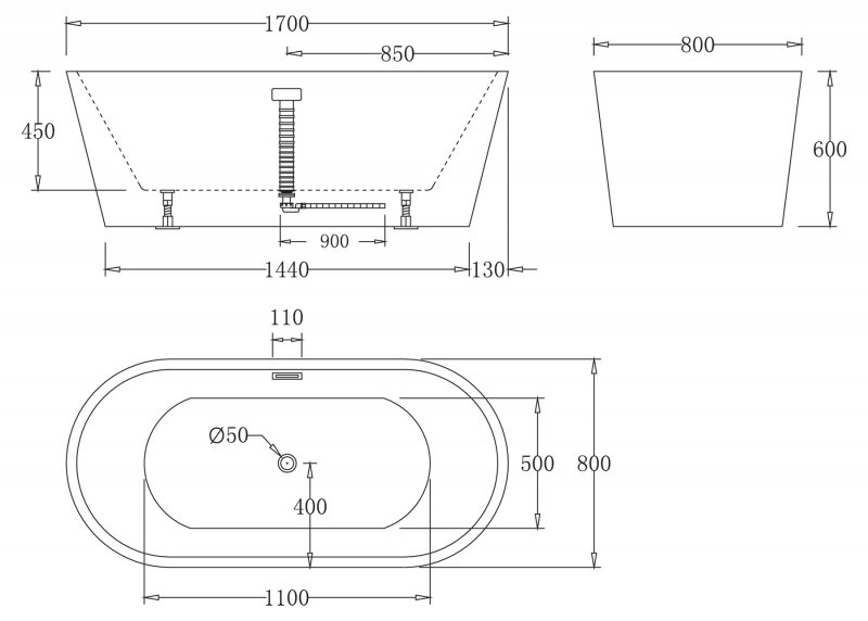 Акриловая ванна BelBagno BB71-1700-NERO-W0 170x80 см без перелива, черный