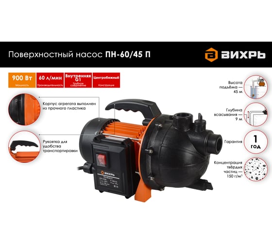 Поверхностный насос Вихрь ПН-60/45 П 68/4/12