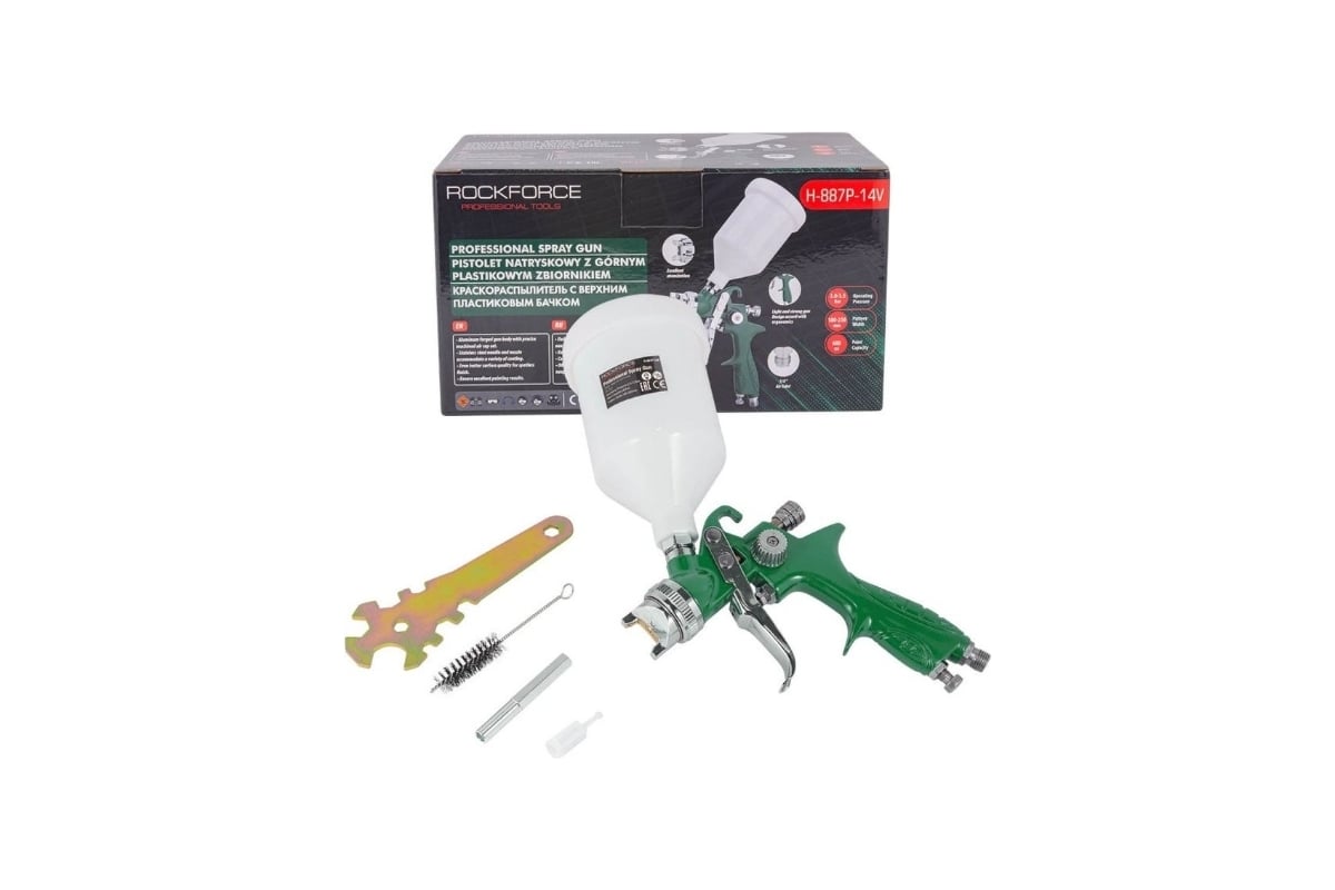 Краскораспылитель с верхним пластиковым бачком Rockforce RF-H-887P-14V