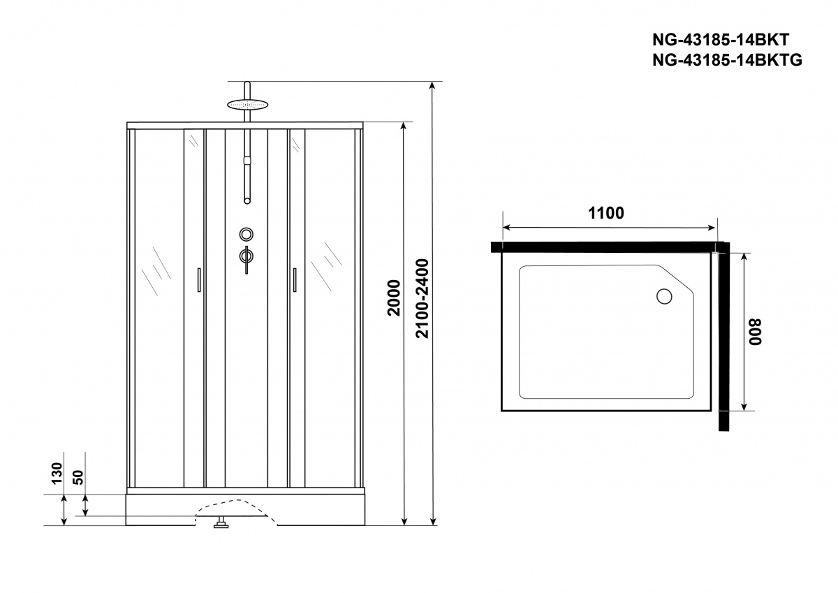 Душевая кабина Niagara NG 43185-14QBKTG 110x80 стекло матовое, без крыши, тропический душ, гидромассаж