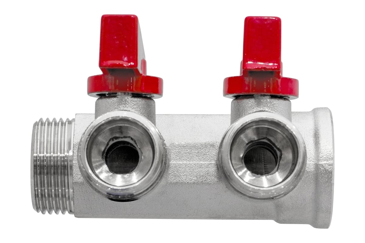 Коллектор с отсекающими кранами MPF 2 выхода х3/4", х1/2" наружная резьба ИС.071071