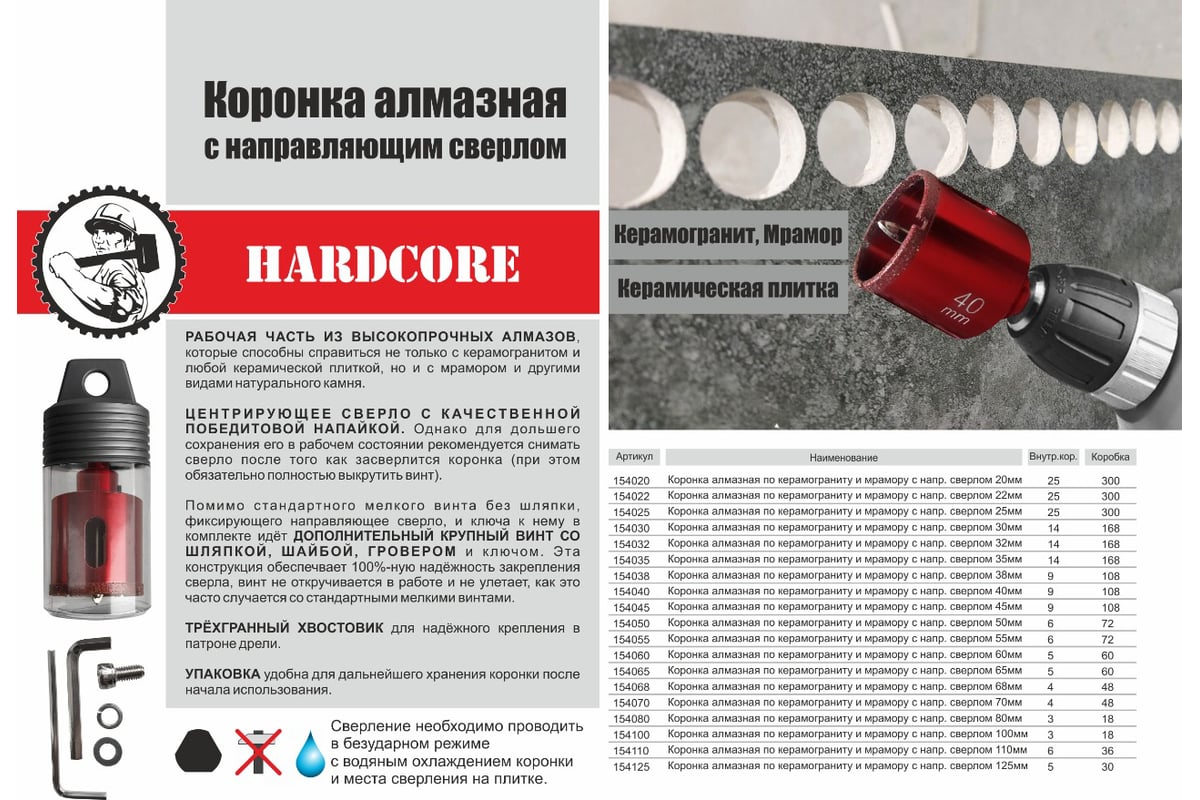 Коронка алмазная по керамограниту и мрамору с направляющим сверлом 110 мм Hardcore 154110