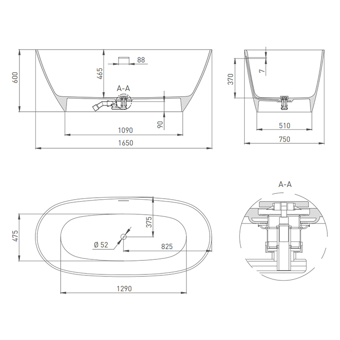 Ванна из литьевого мрамора Salini Sofia S-Stone 102521M 165x75, белый матовый