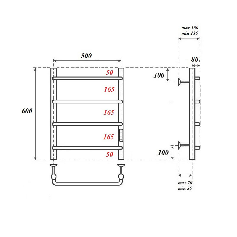 Полотенцесушитель электрический Point PN08856 П4 50x60 диммер справа, хром