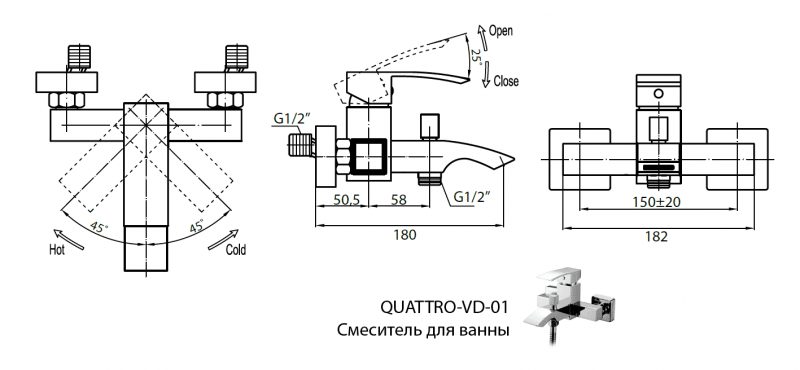 Смеситель для ванны Cezares Quattro QUATTRO-C-VD-01 хром