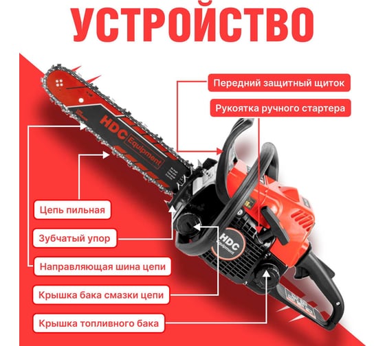 Бензопила HDC HD-C180 шина 35 см (14), 3/8 LP, 1.3 мм, 50 зв.HD6210-2