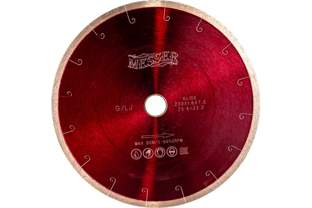 Диск алмазный сплошная кромка с микропазом G/L J-slot по граниту 230D-1.6T-7.5W-22.2/25.4 Messer 01-24-230