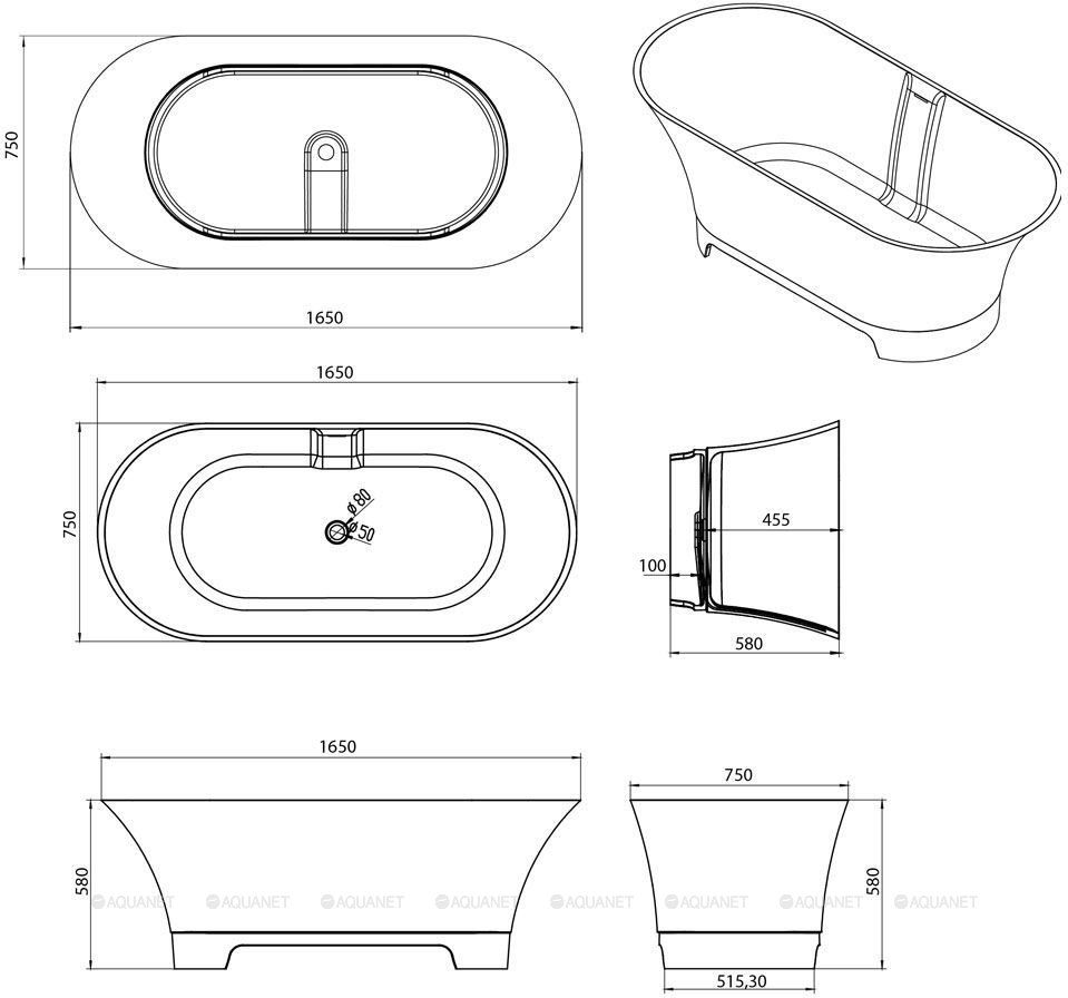 Ванна из искусственного камня Aquanet Bloom Ellipse 165х75 см, TC-S92