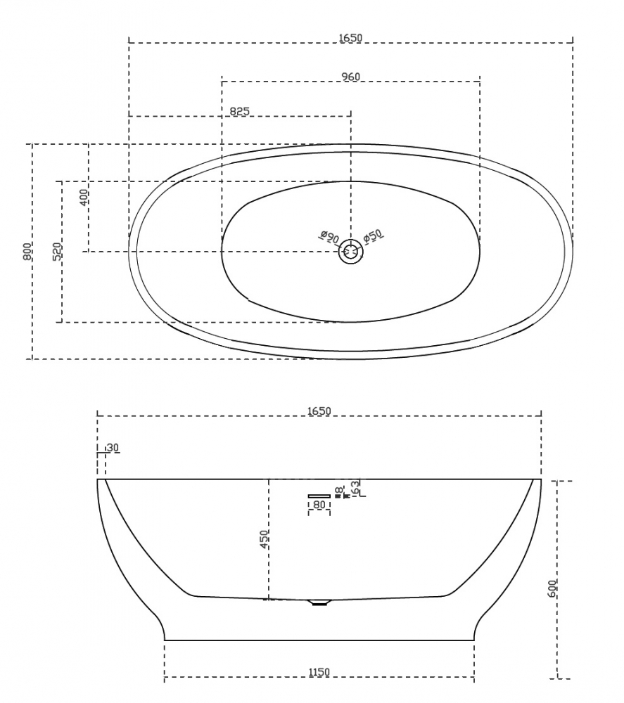 Акриловая ванна Abber AB9207MB 165x80, матовый черный/белый