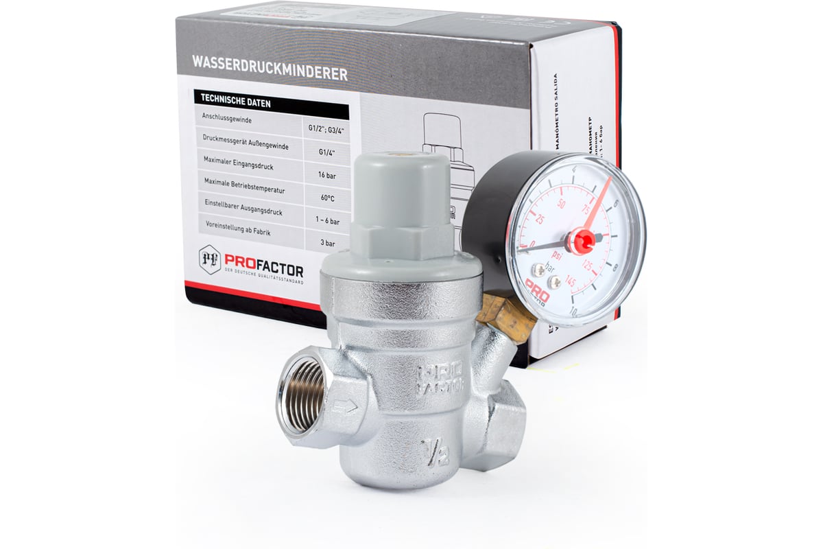 Редуктор давления PROFACTOR мембранный, с манометром, 1/2" PF PRV 253G
