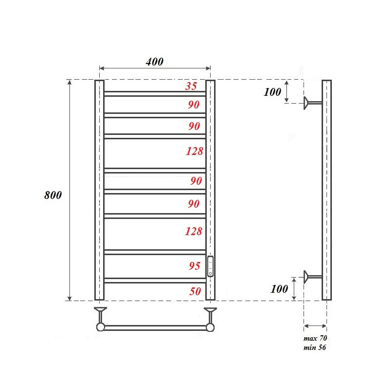 Полотенцесушитель электрический Point PN10848 П8 40x80 диммер справа, хром