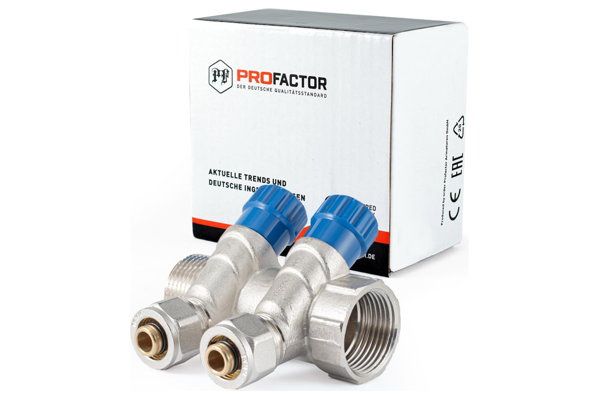 Коллектор с регулировочными вентилями PROFACTOR в/н 1" х 2 вых 16 цанга PF MVP 269.2C