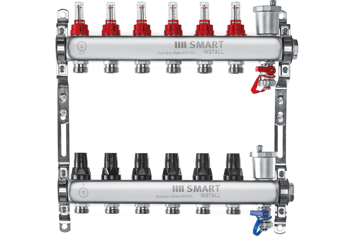 Комплект коллекторов Smart Install нерж. ст., с расходомерами 1x3/4-8 вых., 53108S