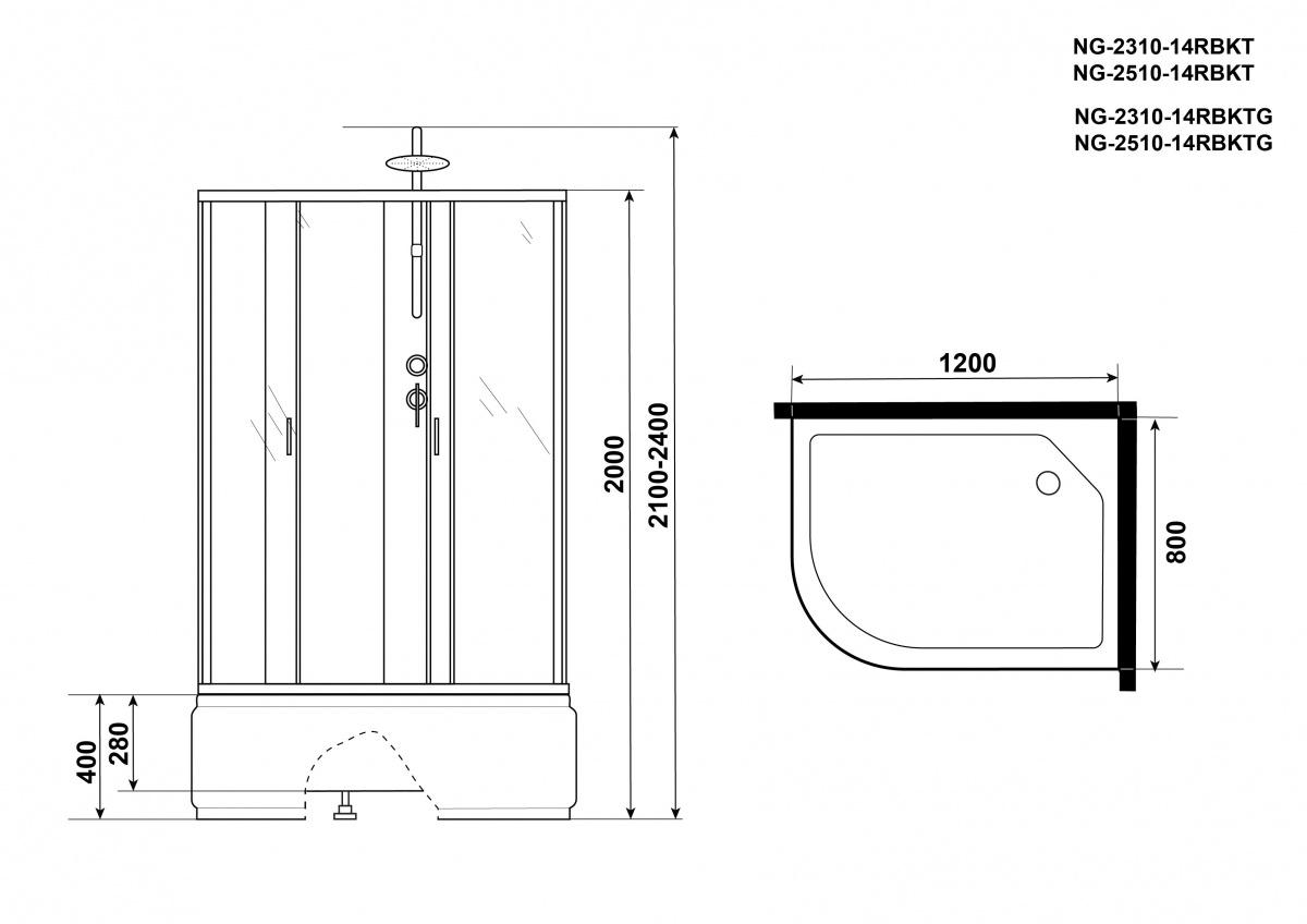 Душевая кабина Niagara NG 2310-14RBKT 120x80 стекло матовое, без крыши, тропический душ