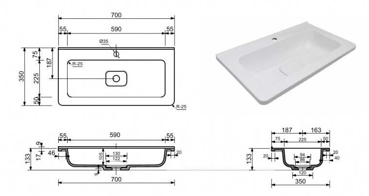 Тумба с раковиной Style Line Бергамо мини Люкс Plus 70 см подвесная