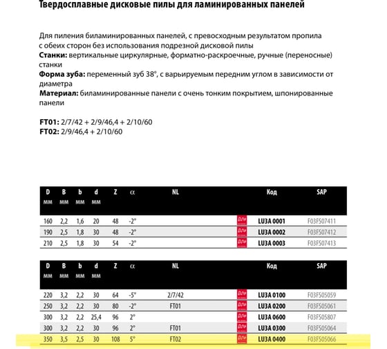 Пильный диск по ламинату 350x3.5x30 мм, Z108, HM Lu3A Freud 0400
