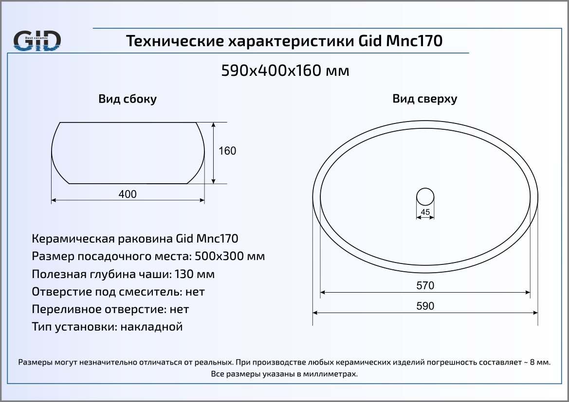 Раковина Gid Stone Edition Mnc170 59 см серый