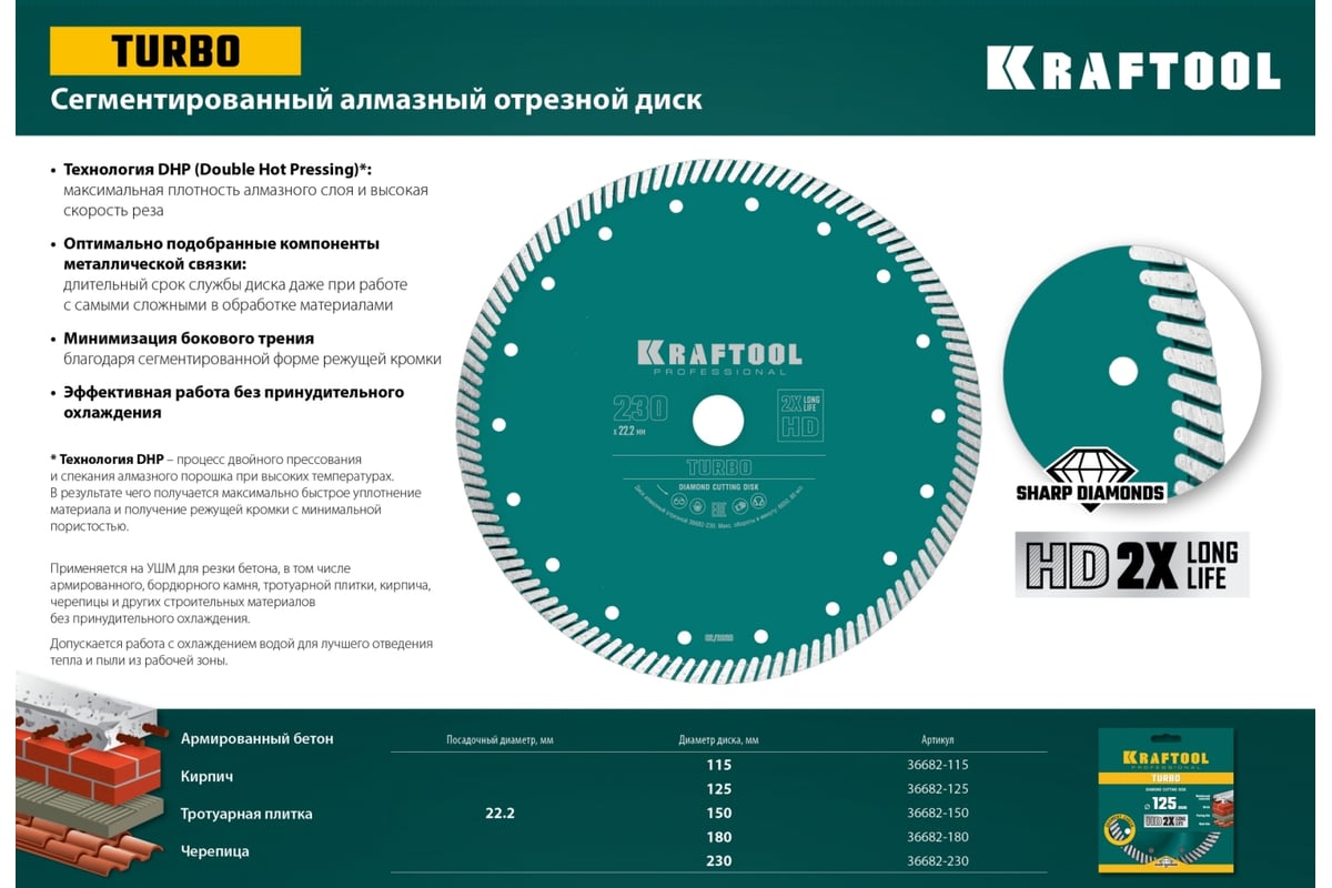 Диск алмазный отрезной турбо по бетону и кирпичу Kraftool Turbo 230х22 мм 36682-230