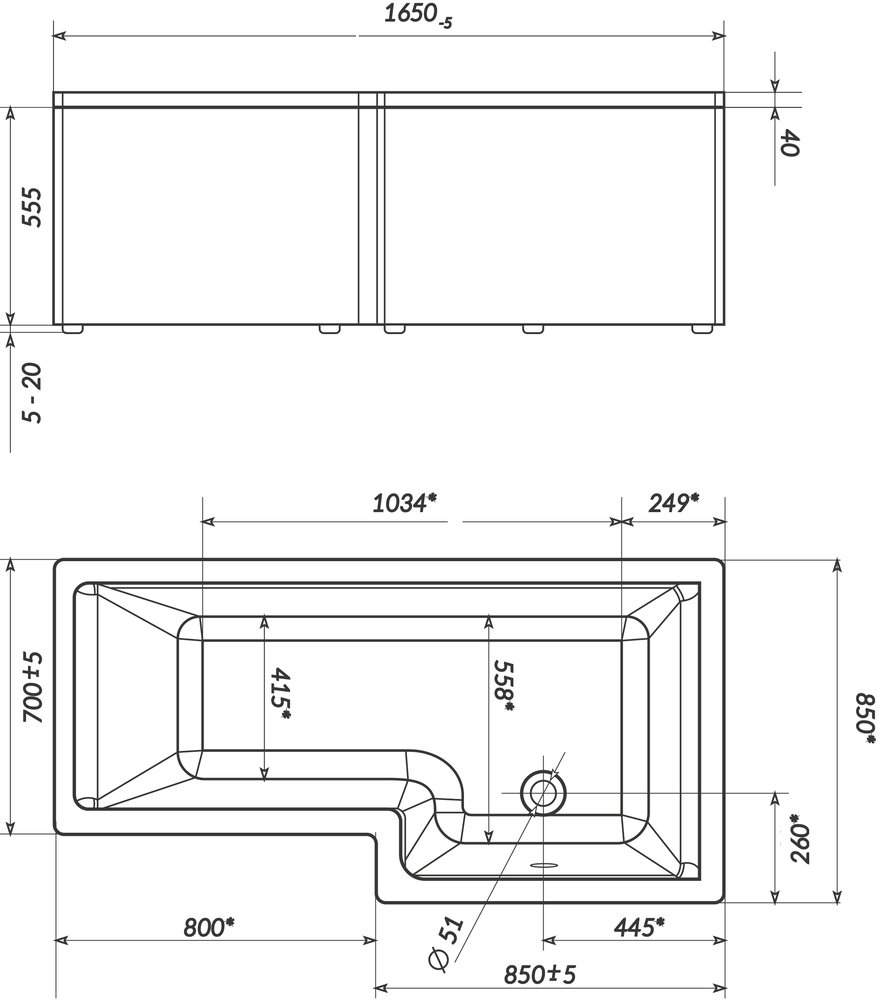 Акриловая ванна Marka One Linea 165x85 R