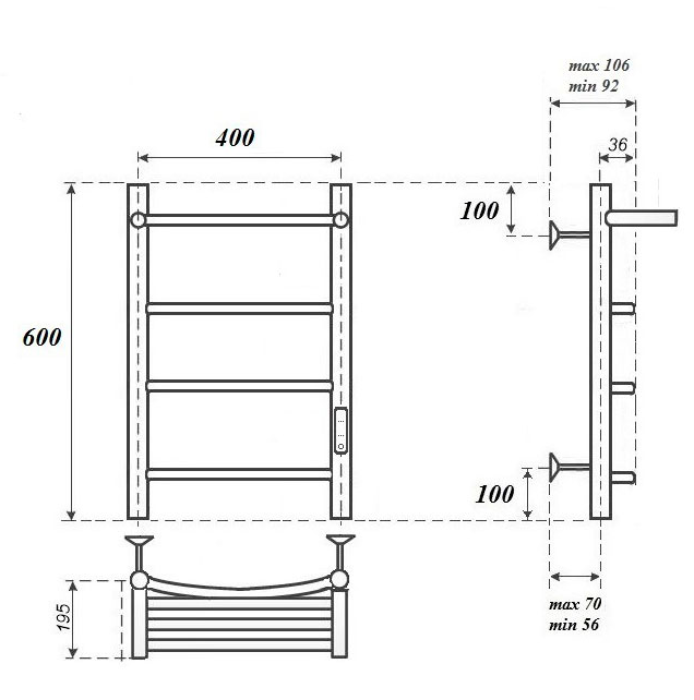 Полотенцесушитель электрический Point Афина PN04846PW П3 40x60 диммер справа, белый