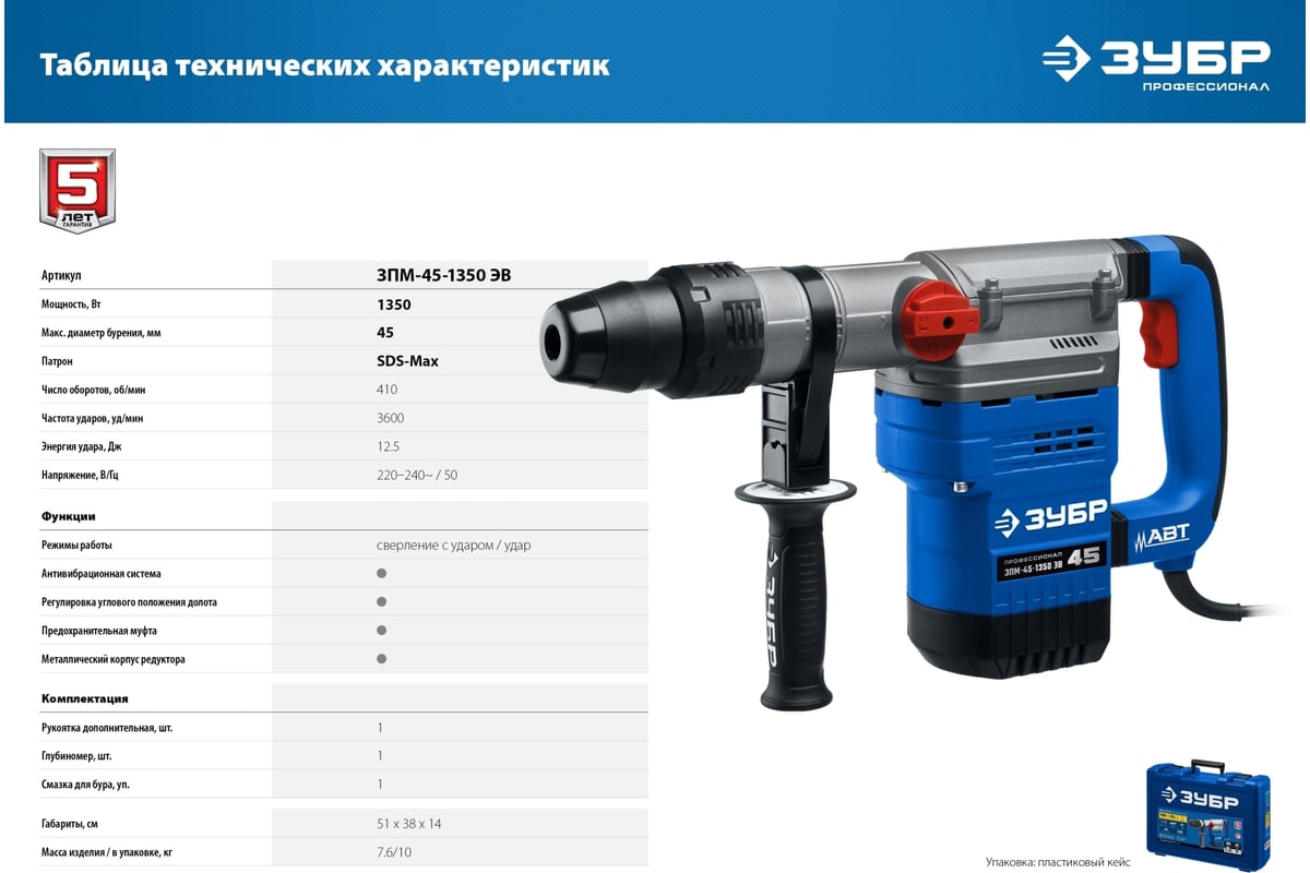 Перфоратор Зубр Профессионал SDS Max 1350 Вт, 45 мм ЗПМ-45-1350 ЭВ