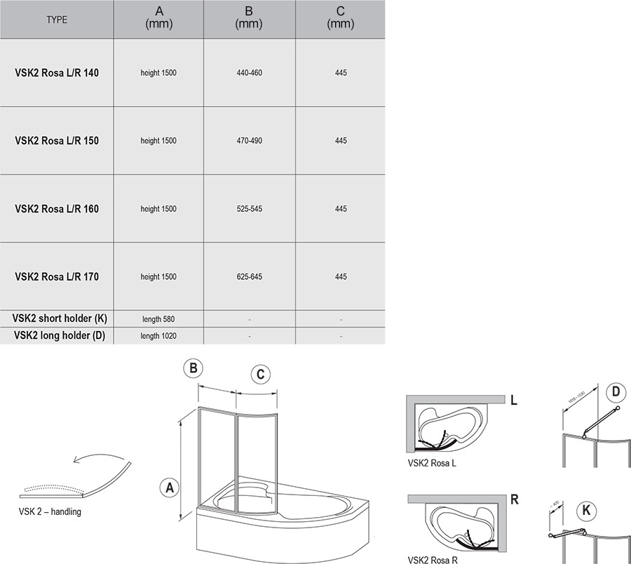 Шторка для ванны Ravak VSK2 Rosa белая/Transparent 160x150 L