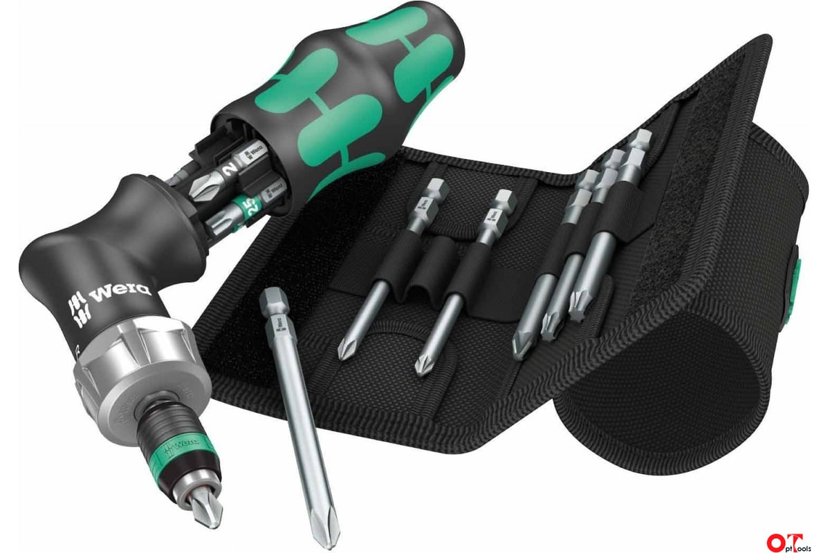 Реверсивная угловая отвертка WERA Kraftform Kompakt Pistol RA 4 с битами в футляре, 13 пр. WE-051031