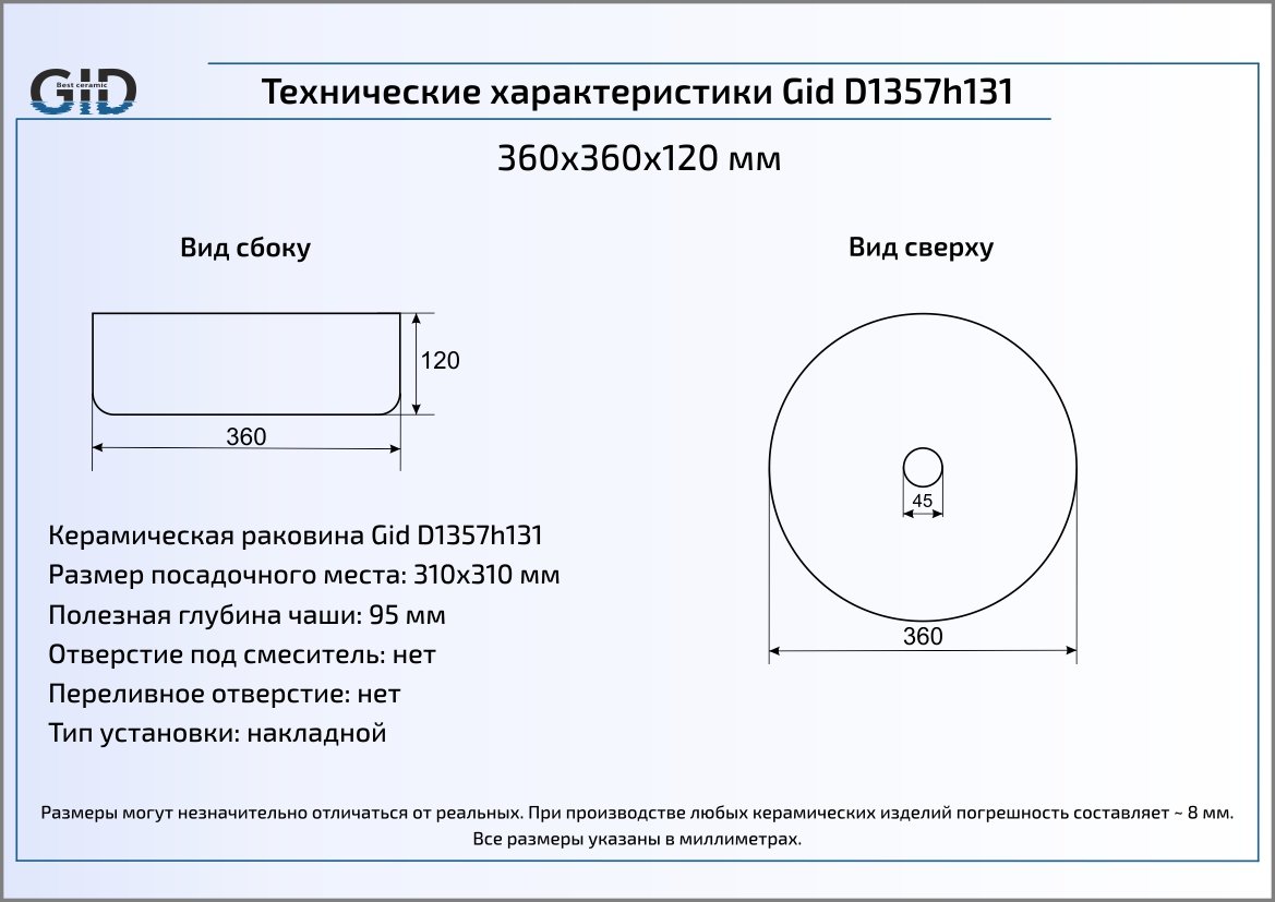 Раковина Gid LuxeLine D1357h131 36 см белый/серебро