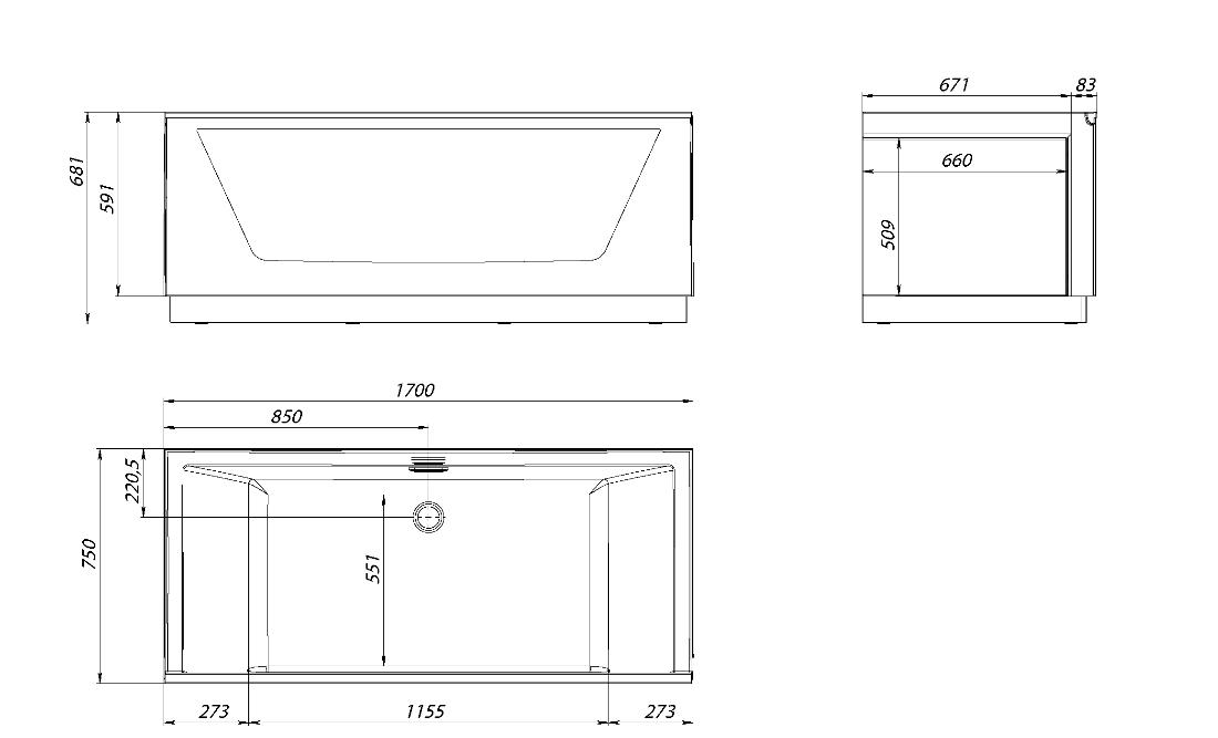 Акриловая ванна Aima Neo 170x75, 2 стекла