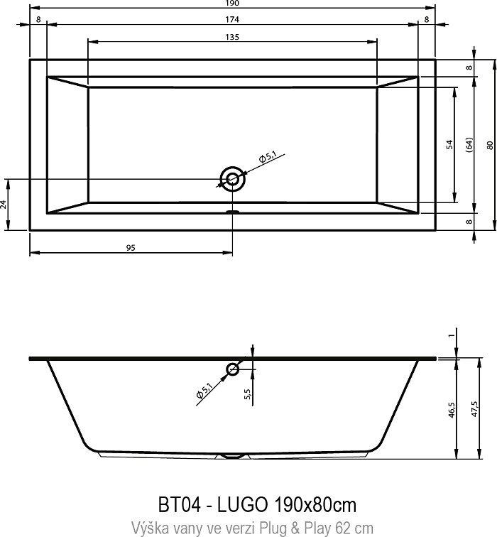 Акриловая ванна Riho Lugo Plug&Play 190x80 см L с монолитной панелью