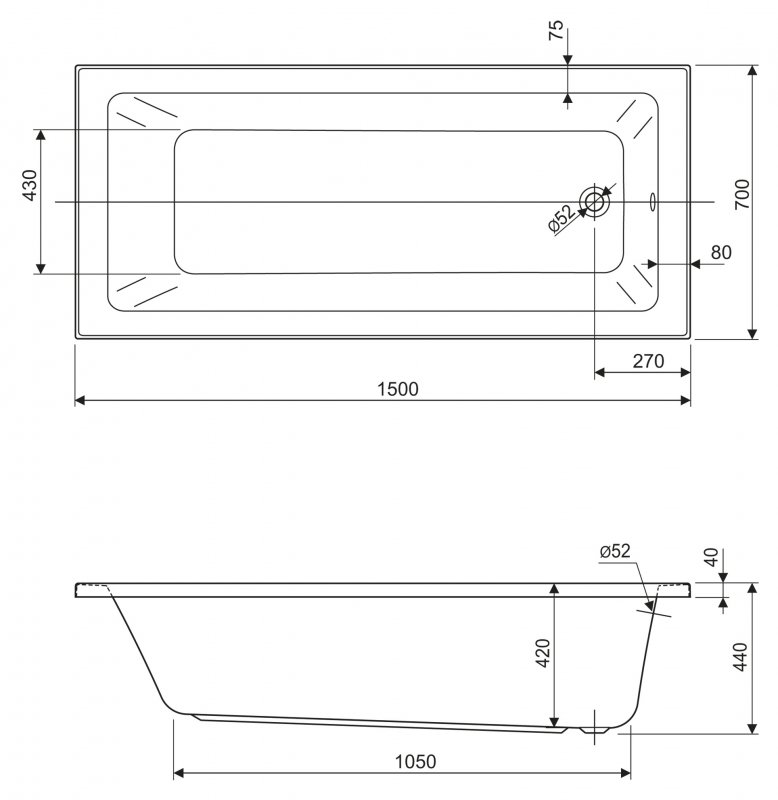 Акриловая ванна Cezares Plane Solo Mini 150x70