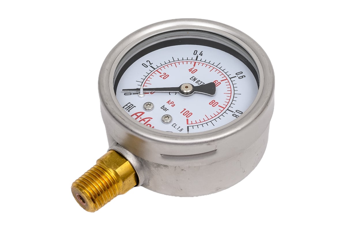 Манометр от 0 до 1 бар из нержавеющей стали, D63 мм, NPT 1/4", штуцер снизу A-Flow G22-S-4N-63A-1bar
