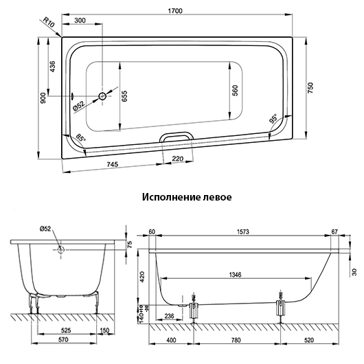 Стальная ванна Bette Space M 170x90 1131-000 встраиваемая, с шумоизоляцией L