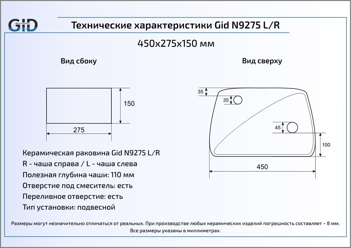 Раковина Gid N9275L 45 см левая