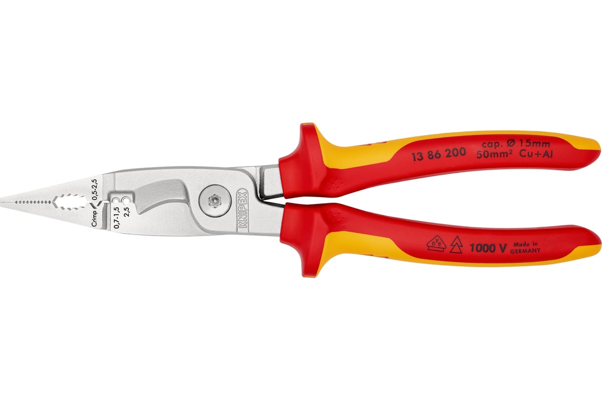 Электромонтажные клещи Knipex VDE, 6-в-1, 200 мм, диэлектрические, хром, 2К ручки, KN-1386200SB