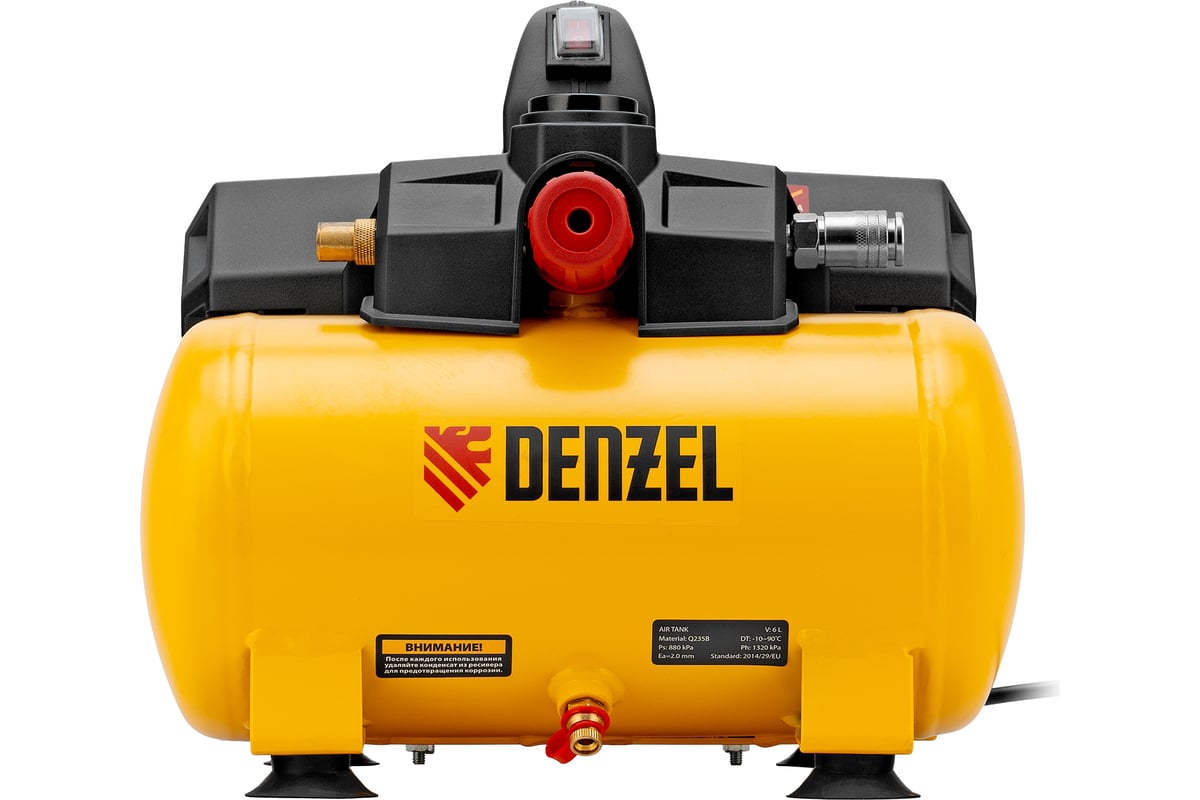 Компрессор Denzel dls750/6 безмасляный малошумный 750 вт, 140 л/мин, ресивер 6 л 58019