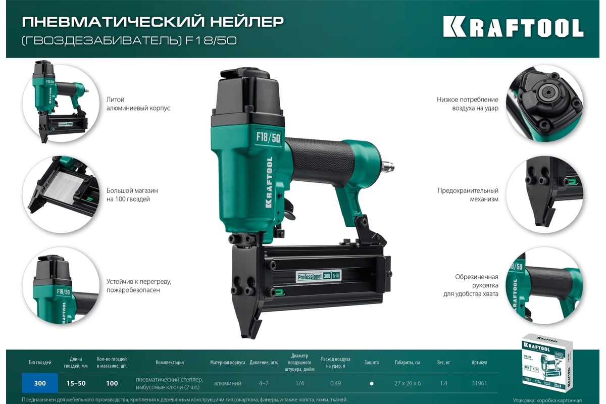 Пневматический нейлер Kraftool гвозди тип 300, 20-50 мм 31961