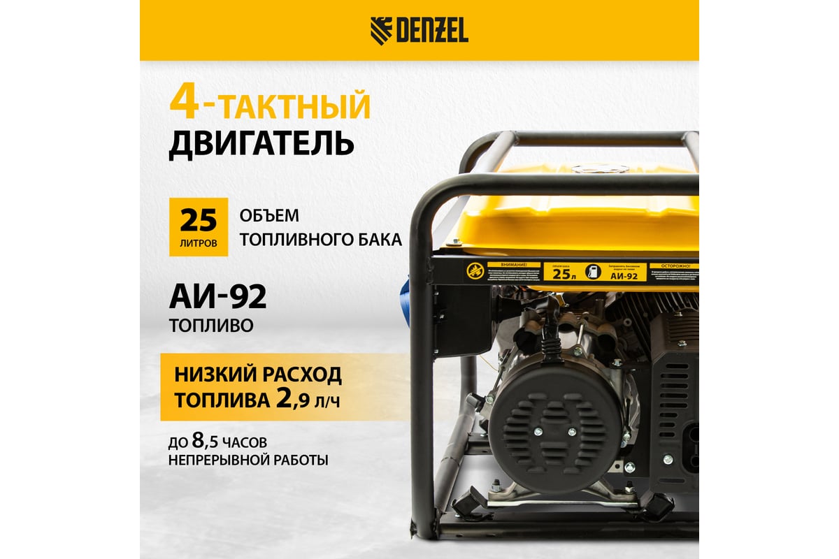 Бензиновый генератор 6,5 кВт, 220В/50Гц, 25 л Denzel GE 7900 94638