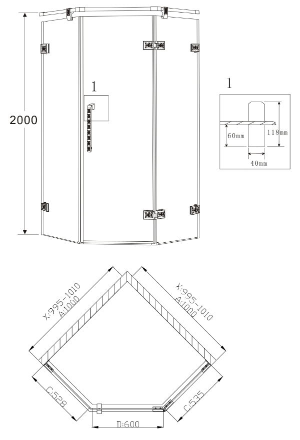 Душевой уголок Grossman Status ST-100RGD 100x100 пятиугольный, золото