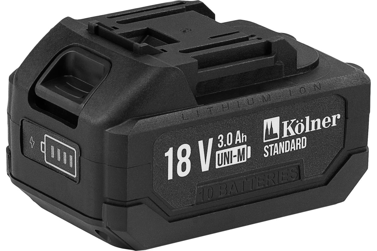 Аккумулятор Kolner 18В UNI-M Standard, 3.0Ач, KB 18-3ST-01, Li-lon, индикатор заряда, прорезиненный корпус, защита от перегрева, КЗ, перезаряда 8080118006