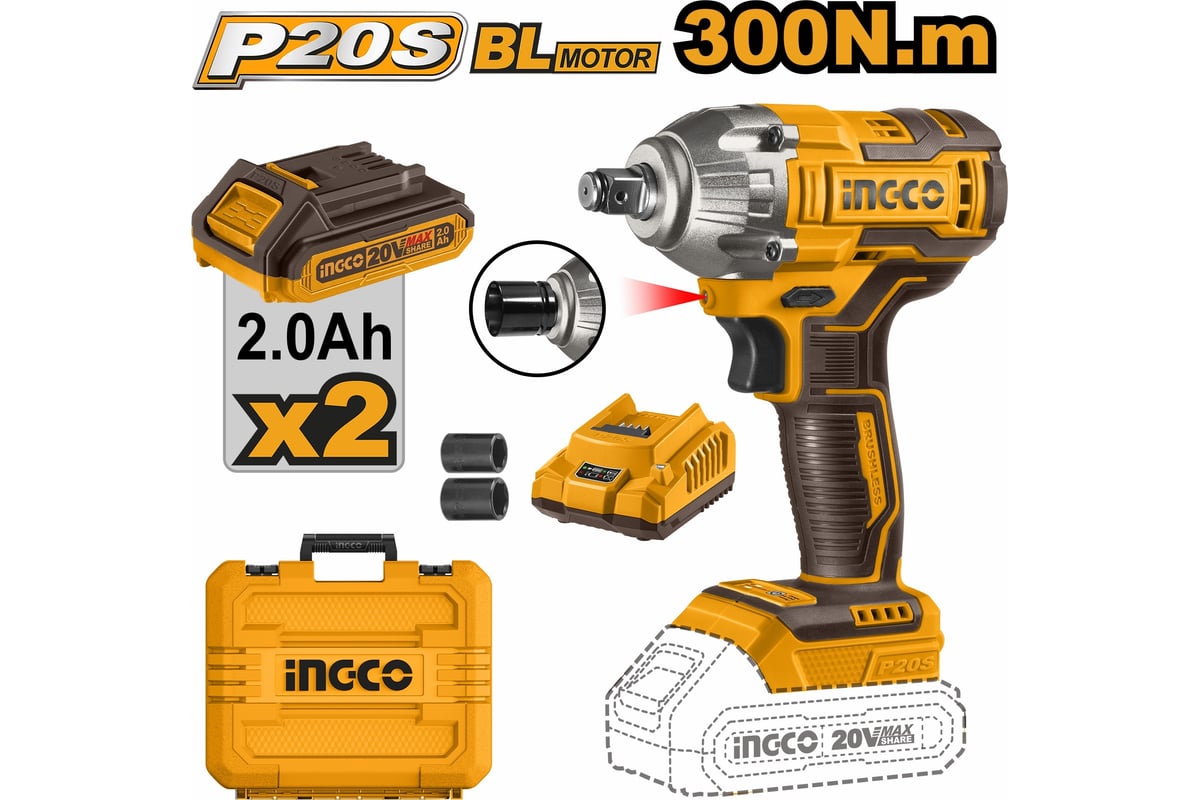 Аккумуляторный ударный гайковерт Ingco BL 20В 300Hm 1/2 SUPER CIWLI2038