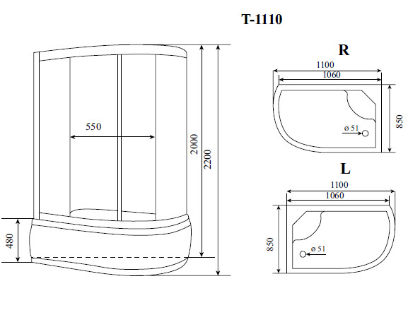 Душевая кабина Timo Standart T-1110 L 110x85, с г/м, тонированные стекла, хром