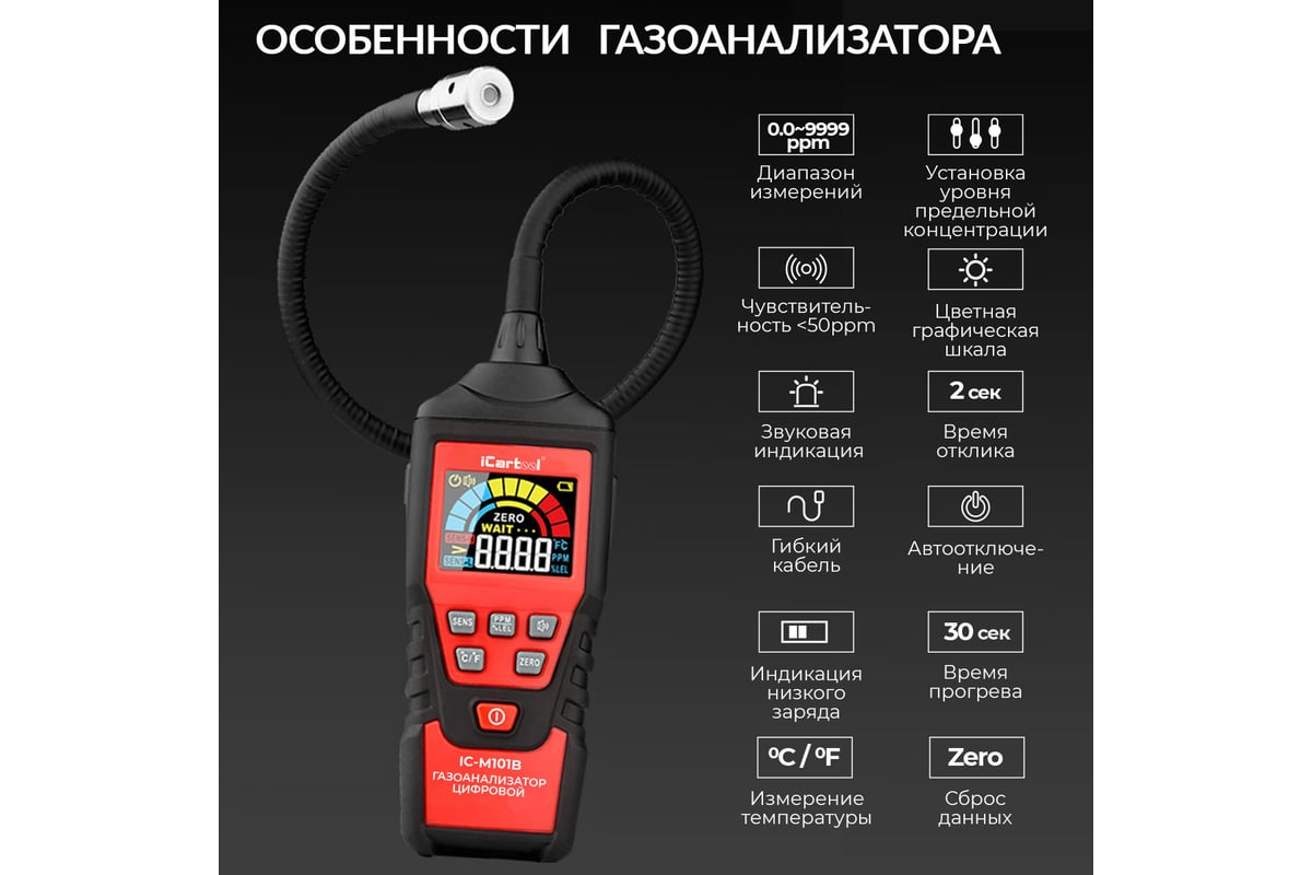 Цифровой детектор утечки взрывоопасных газов iCartool с зондом, 0-9999 ppm IC-M101B