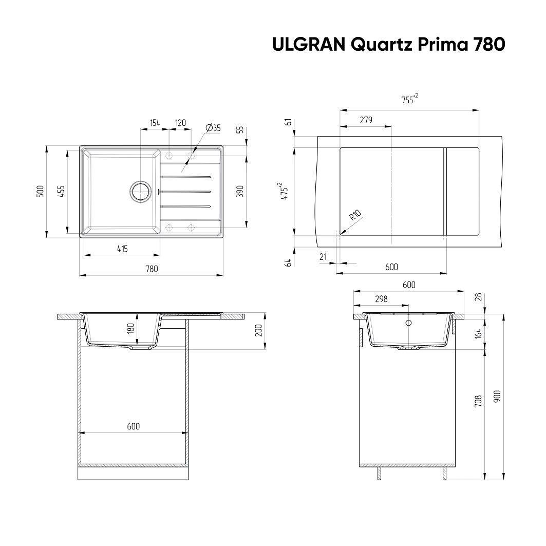 Кухонная мойка Ulgran Quartz Prima 780-08 78 см космос