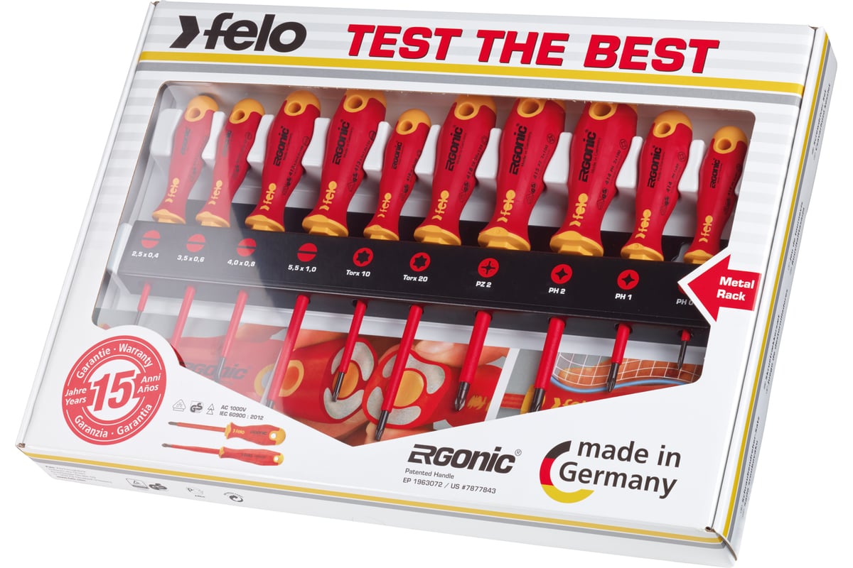 Набор диэлектрических отверток Felo Ergonic SL/PZ/PH/Tx на стальной стойке, 10 шт 41491093